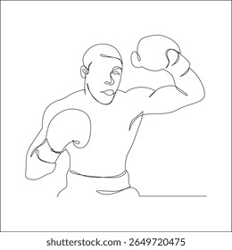 Continuous one line drawing of a male boxer flexing his arm and holding a defensive stance, wearing gloves, drawn in minimalist line art style on a white background.