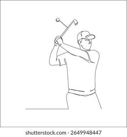 Continuous one line drawing of a male golfer swinging a golf club, wearing a cap and shirt, captured in a minimalist style on white background.
