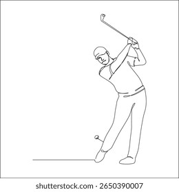 Continuous one line drawing of a male golfer completing a golf swing with perfect posture, wearing a cap and casual golf outfit, in minimalist style on a white background.