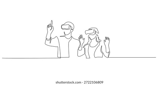 Desenho contínuo de uma linha de gamers masculinos e femininos desfrutando de realidade virtual. Ilustração resumida mínima para conceitos de entretenimento, tecnologia e estilo de vida digital.