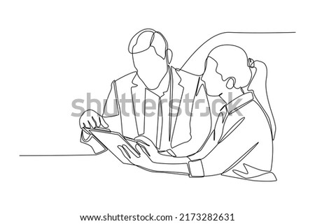 Continuous one line drawing. Male CEO giving consultation to female about project. Communication and Project management concept. Single line draw design vector graphic illustration.