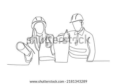 Continuous one line drawing male and female construction worker with hard hat showing thump up. Engineers day concept. Single line draw design vector graphic illustration.