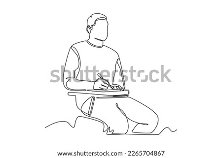 Continuous one line drawing male students are focusing on taking notes in class. Class in action concept. Single line draw design vector graphic illustration.