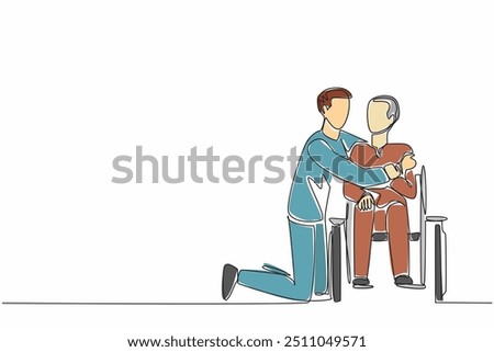 Continuous one line drawing male caregiver kneels and hugs old grandfather sitting in wheelchair. Provide psychological support. Caregiver Appreciation Day. Single line draw design vector illustration