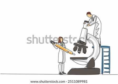 Continuous one line drawing male scientist checks fluid poured by female scientist on big microscope. Studying spread of viruses. Celebrate Scientists Day. Single line draw design vector illustration