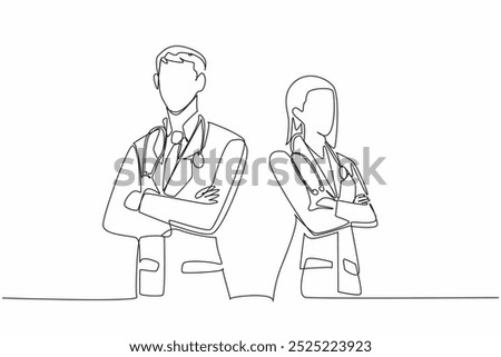 Continuous one line drawing male and female doctors pose with crossed arms with stethoscopes around necks. 24 hours standby. The national of doctor day. Single line draw design vector illustration