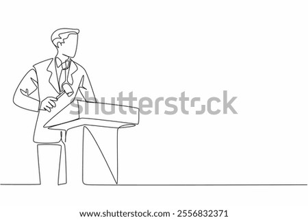 Continuous one line drawing male auctioneer standing at wooden podium with wooden hammer. Get ready to count down to best deals. National Auctioneers Day. Single line draw design vector illustration
