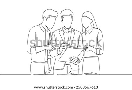 Continuous one line drawing of male employee asking colleagues for advice about work, work discussion at office concept, single line art
