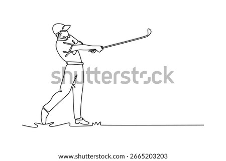 Continuous one line drawing male golfer finishing his powerful swing with elegant follow through, depicting athletic motion, grace, and satisfaction of hitting perfect shot. Design vector illustration