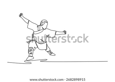 Continuous one line drawing male Shaolin Kung Fu master in a powerful stance, mid-punch with a raised guard, dynamic balance of offense and defense. Single line draw design vector graphic illustration