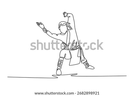 Continuous one line drawing male athlete in low stance with one hand open and other in fist, powerful Shaolin Kung Fu pose both offense and defense. Single line draw design vector graphic illustration