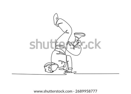 Continuous one line drawing male breakdancer mid-power move, balanced on their head and hands with the legs tucked, illustrating challenging freeze. Single line draw design vector graphic illustration