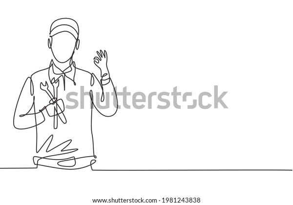 Continuous one line drawing male mechanic\
with gesture okay and holding wrench works to fix broken car engine\
in garage. Success business concept. Single line draw design vector\
graphic\
illustration