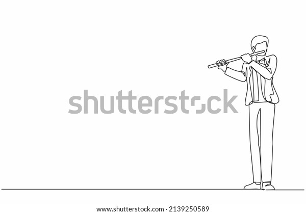 Continuous one line drawing male musician playing\
flute, standing in suit. Flutist performing classical music on wind\
instrument. Solo performance of talented flautist. Single line draw\
design vector