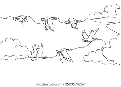 Continuous one line drawing mallards fly in mass formation. Safest formation flying in group. The best time to breed is in autumn. World Migratory Bird Day. Single line draw design vector illustration