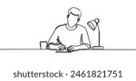 Continuous One Line Drawing of man working at the table. Man in Office One Line Illustration. Businessman Abstract.