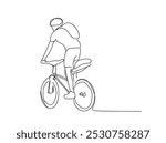 Continuous one line drawing Man  on a bicycle. One continuous line drawing of a boy riding bicycle.  Man enjoy riding her cycle in the morning to exercise. Hand made vector not AI.