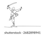 Continuous one line drawing man in one-legged stance, balancing gracefully while holding sword overhead, movement, skill of Shaolin Kung Fu master. Single line draw design vector graphic illustration