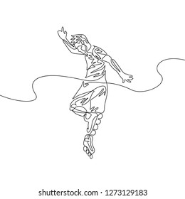 Continuous one line drawing man perform a trick on roller skates. Sport, recreation, friendship, relax, hobby theme.