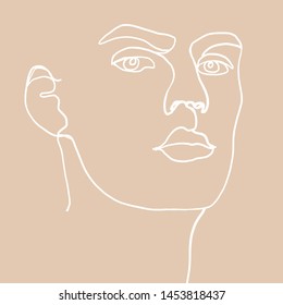 Continuous one line drawing of man face portrait. Hairstyle. Fashionable men's style. Fashion concept, beauty minimalist, vector illustration print graphics style on beige background