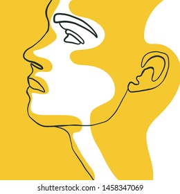 Continuous one line drawing of man face portrait with yellow spot. Hairstyle. Fashionable men's style. Fashion concept, beauty minimalist, vector illustration for t-shirt, slogan design graphics style