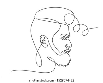 Continuous one line drawing of man hipster portrait. Hairstyle of a beard mustache bangs. Fashionable men's style.