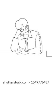 continuous one line drawing of a man in a shirt and tie sitting tiredly. With one hand props his head, the other hand lies on the table. Fatigue, overwork, nap. It can be used for animation. Vector 