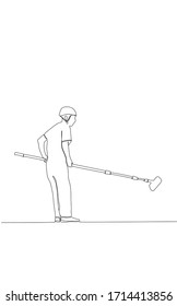 dibujo continuo de una línea de un hombre limpiando la pared con trapo