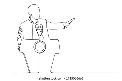 Continuous one line drawing of a man is giving a speech on the podium