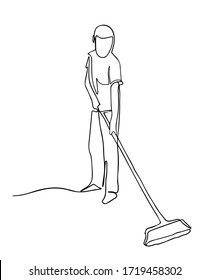 continuous one line drawing of a man cleaning the floor using mop. continuous single drawn one line male cleaner washes the floor painted by hand picture silhouette. Line art.