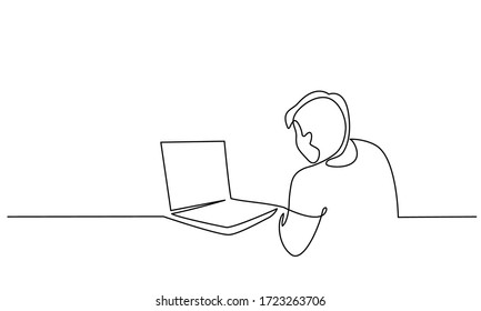 Continuous one line drawing. Man looking for ideas in notebook. Man work at computer. Vector illustration