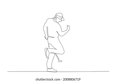 Continuous one line drawing of a man golfer player celebrating a victory. Healthy sport concept. Modern continuous line draw design for golf tournament poster graphic vector illustration