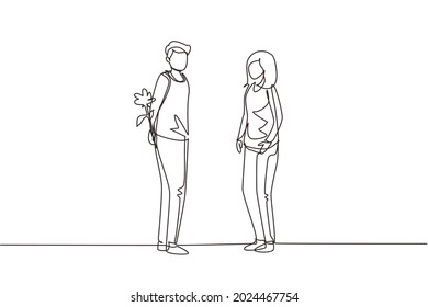 Continuous one line drawing man holding flowers behind his back and standing in front of woman. Happy boy giving rose flower to girl. Young man and woman met for dating. Single line draw design vector