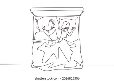 Continuous one line drawing man and woman sleeping on bed. Couple lying backs to each other during night rest. Romantic couple resting at night. Single line draw design vector graphic illustration