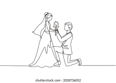 Continuous one line drawing man on knee gives flowers to woman. Young guy giving to girl rose flower in wedding day. Happy romantic couple in love. Single line draw design vector graphic illustration