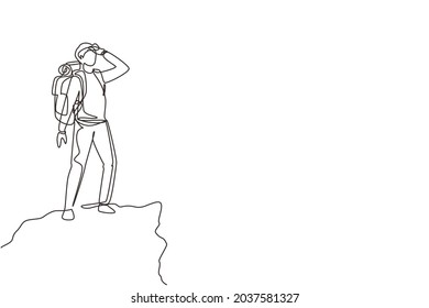 Continuous one line drawing man hiker at the top of the mountain looking into distance. Adventure in mountainous terrain. Exploration, hiking, adventure. Single line draw design vector illustration