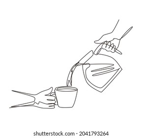 Continuous One Line Drawing Man Is Pouring Hot Black Coffee From Coffee Pot Into Cup On In The Morning. Brewing Coffee At Home. Stainless Steel Pot. Morning Routine. Single Line Draw Design Vector