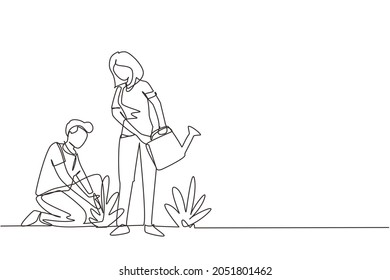 Continuous one line drawing man woman gardening plants. People growing plant, greens on soil, gathering harvest. Husband kneeling, wife with water can planting flowers. Single line draw design vector