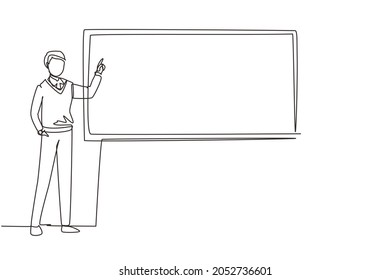 Continuous one line drawing man teacher professor standing in front of blackboard teaching student in classroom. College class or university teacher teach in classroom. Single line draw design vector