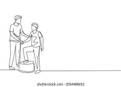 Continuous one line drawing man therapist helping young male patient stepping up the stairs, medical rehabilitation, physical therapy activity. Single line draw design vector graphic illustration