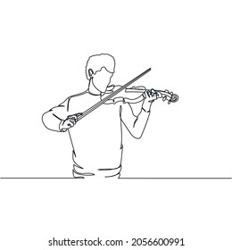 Continuous one line drawing of man playing violin in silhouette on a white background. Linear stylized.