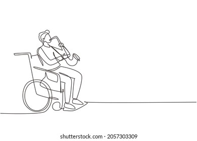 Continuous one line drawing man sitting in wheelchair plays saxophone.  classical music. Physically disabled, broken leg. Rehabilitation center. Single line draw design vector illustration