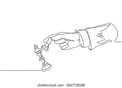 Continuous one line drawing man hand holding chess pawn. Male use pawn chess piece to crash opposite team king figure. Checkmate. Win in chess game. Single line draw design vector graphic illustration