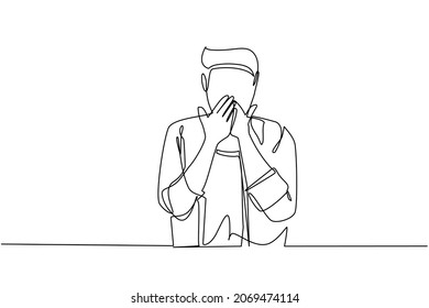 Continuous One Line Drawing Man Covering Mouth With Hands. Male Mouth With Hand Shocked With Shame For Mistake, Expression Of Fear, Scared In Silence, Secret Concept. Single Line Draw Design Vector