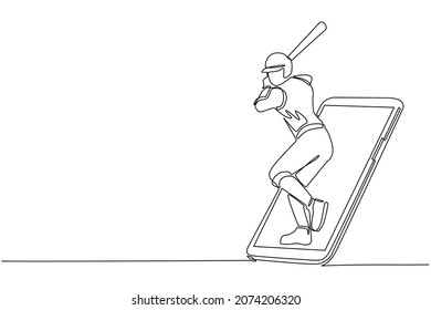 Continuous one line drawing man baseball player ready to hit the ball getting out of smartphone screen. Mobile sports play matches. Online baseball game mobile app. Single line draw design vector