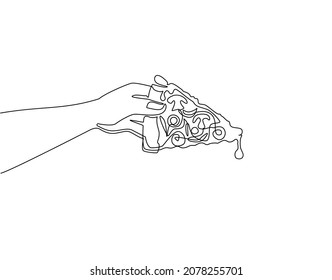 Continuous one line drawing man hand holding pizza slice. Hands holding pizza triangles, italian fast food snack, italy cuisine food party in pizzeria poster invitation. Single line draw design vector