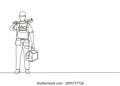 El dibujante de una línea continua, el fontanero sujetando la llave y la caja de herramientas en las manos se mantiene aislado. Personaje de servicio profesional con uniforme listo para trabajar. Ilustración vectorial de diseño de líneas simples
