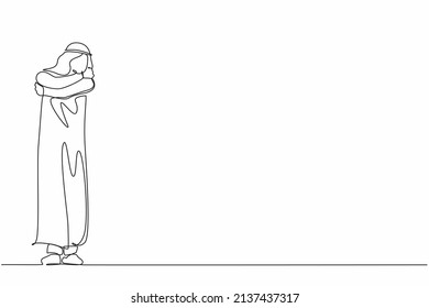 Continuous one line drawing man hugging himself with positive emotion. Happy Arabian guy hugging himself with sensuality and love. Charismatic male cuddling oneself. Single line draw design vector