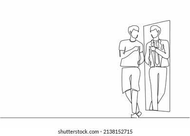 Continuous one line drawing man looking in big mirror see himself as successful businessman wearing expensive suit. Poor man dream to become wealthy businessman. Single line draw design vector graphic