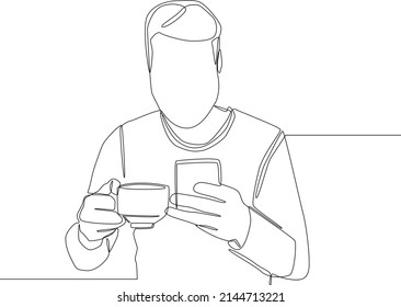Continuous one line drawing a man drinking a coffee and read message in smartphone. Single line draw design vector graphic illustration.
